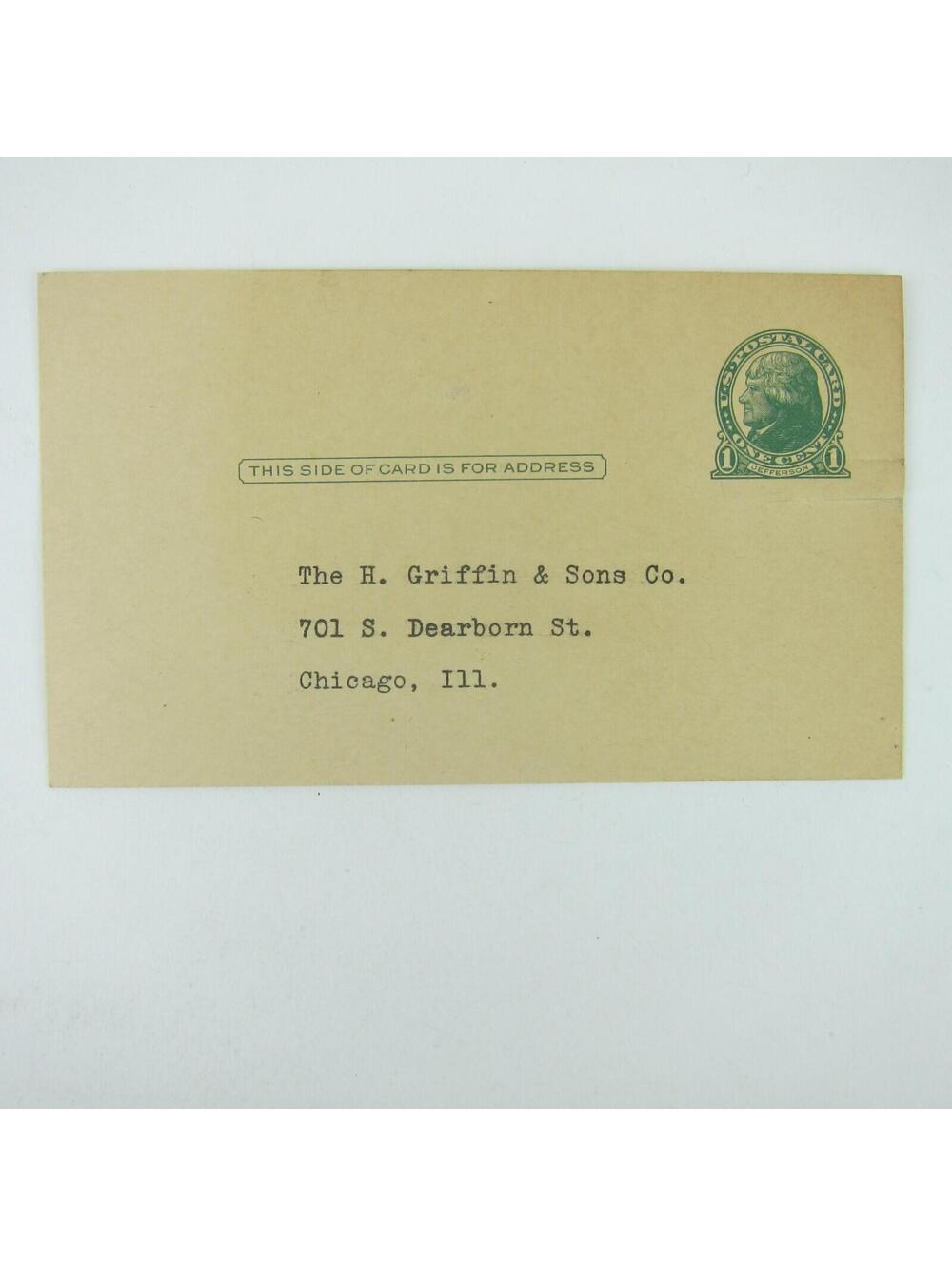 Postcard H. Griffin & Sons Co Chicago Illinois 1 Cent Jefferson Stamp Antique